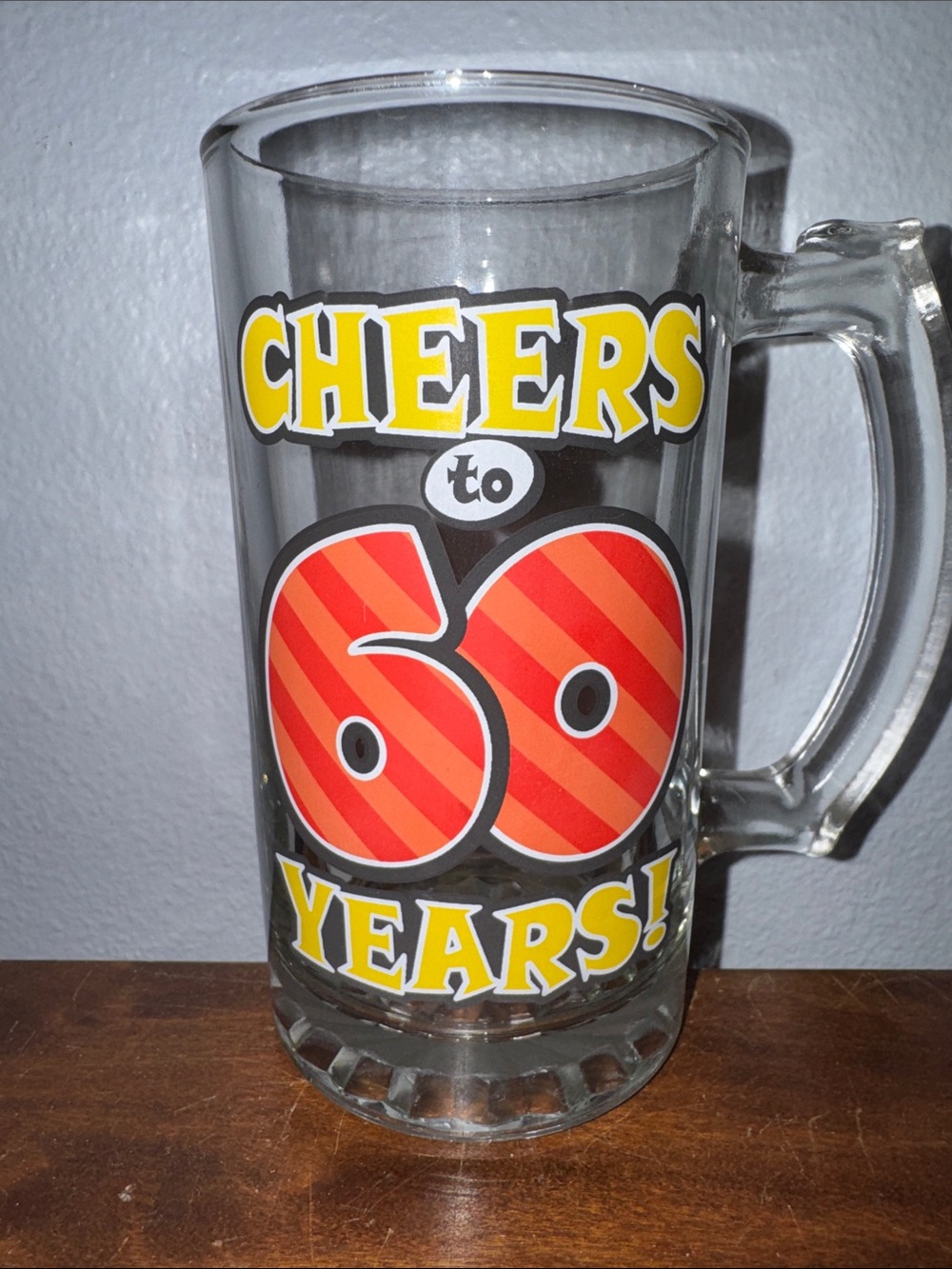 Cheers to 60 Years! Clear Glass Heavy Beer Mug Sturdy Handle Birthday Gift Decor